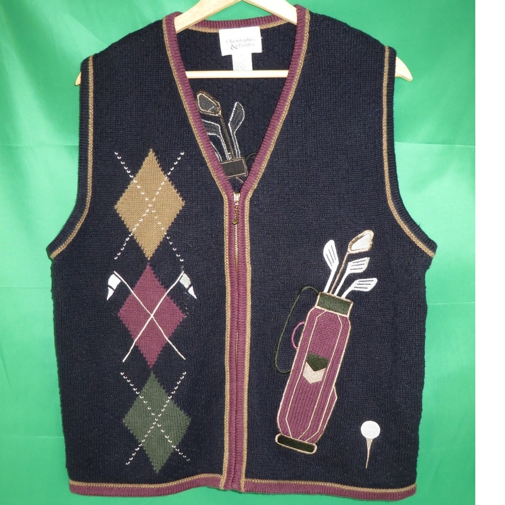 Christopher & Banks Vintage‎ 2001 Golf Sweater Vest Navy Argyle Mens Large Zip